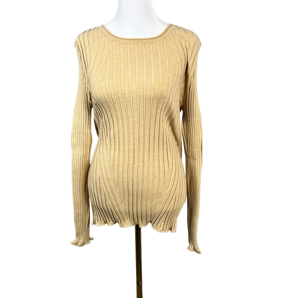 Sundance Ribbed Stretchy Tan Color Scoop Neck Cotton Blend Sweater Size Large